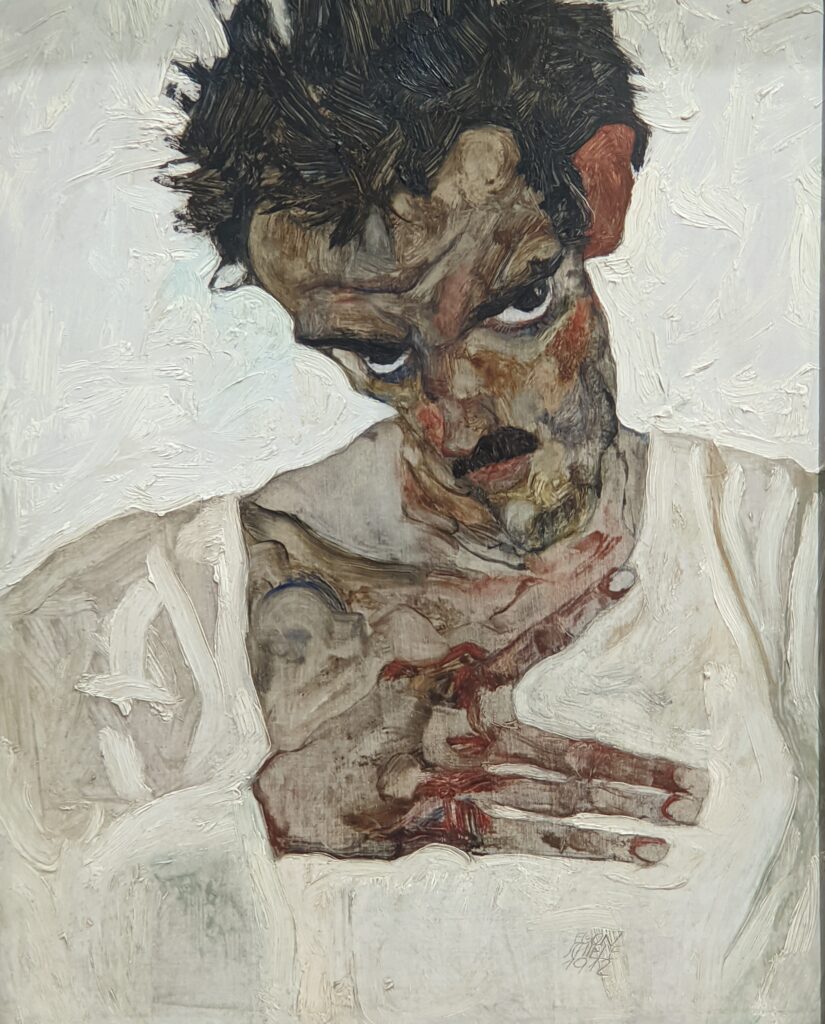 Self-Portrait with Lowered Head, 1912 by Egon Schiele  in Leopold Museum
