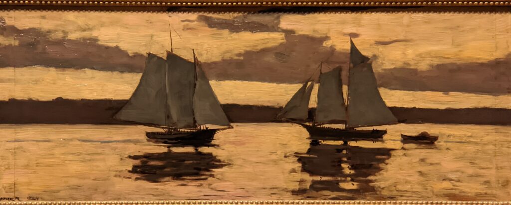 Painting of two ships in the sunset scene, MFA Boston